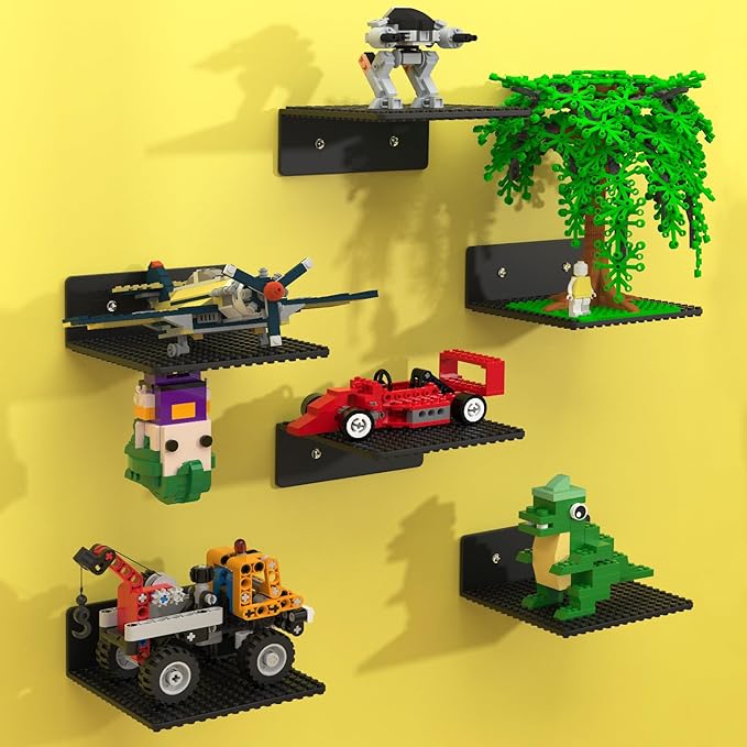 BlissBox 6-Pack Floating Shelves for Wall Compatible with Lego Building Bricks, 5x5.5inch Dual‑Sided 16x17 Studs for Toy Brick Storage and Display, ABS Display Shelves for Room Decor, Black