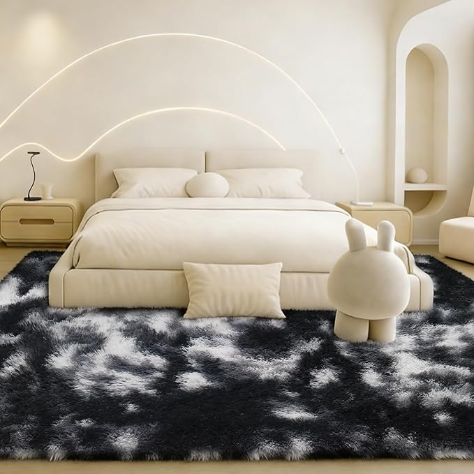 Large 9x12 Area Rug for Living Room, Soft Shag Rugs for Bedroom, Non-Slip Ultra Fluffy Rug,Modern Plush Carpet for Girls Boys Kids Room Dorm,Fuzzy Rug,Black White Grey