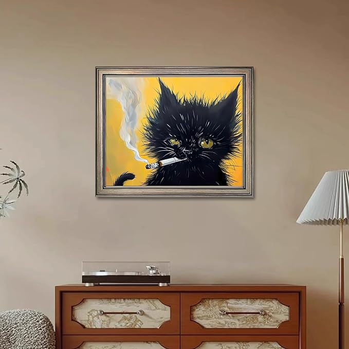 Vintage Framed Black Cat Painting Cat Portrait Wall Art Canvas Print Poster for Mens Room Living Room Bedroom Bathroom Home Decor