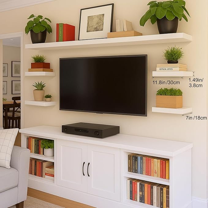 Floating Shelves for Wall White Shelves Bathroom, Bedroom and Living Room, Wall Shelves & Book Shelf, Hanging Shelf, Modern Wooden Wall-Mounted Small Floating Shelf, 12x7x1.5 in, Set of 2