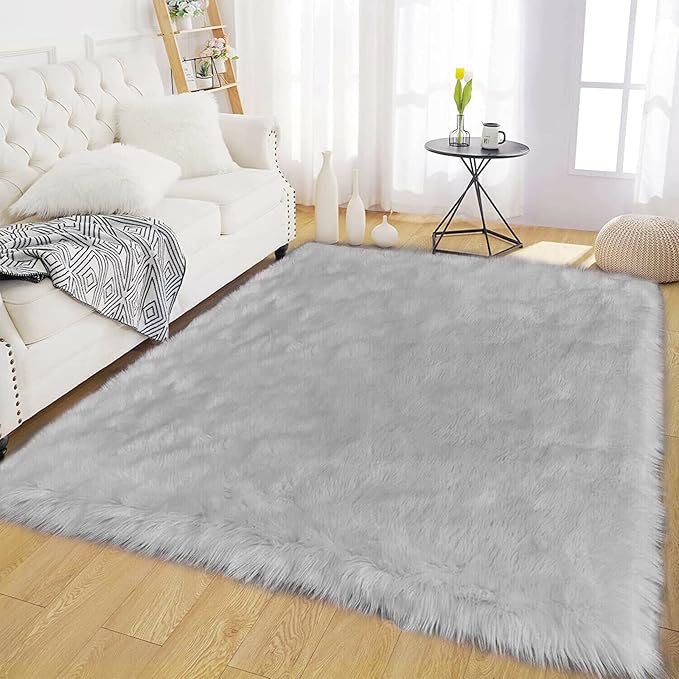 Latepis Grey Faux Fur 4'x5'10" Area Rug, Soft Plush Faux Fur Sheepskin Rugs for Living Room, Washable Fluffy Fuzzy Rug for Bedroom and Living Room, Luxury Room Decor, Rectangle