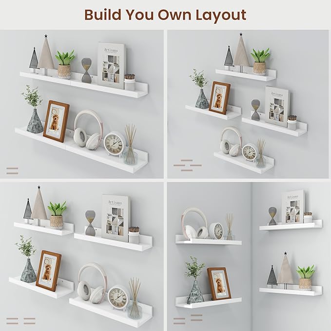Axeman 72 Inch Floating Shelves | White Picture Ledge Shelf Set of 4 | Rustic Wood Wall Shelves with Lip | 72" White Picture Shelves for Wall with Ledge | Photo Shelves