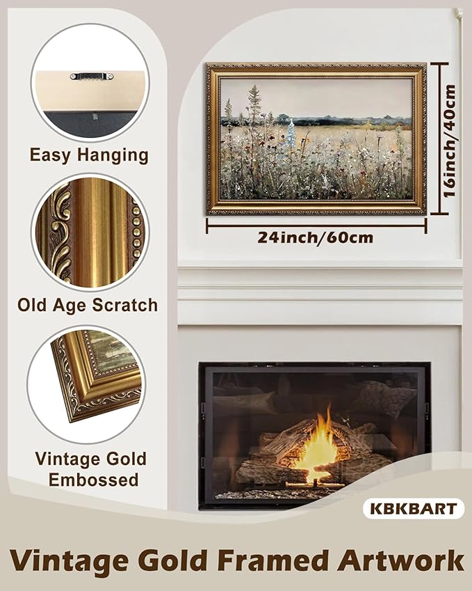 KBKBART Vintage Framed Wall Art for Living Room, French Wildflowers Field Posters Farmhouse Decor, Neutral Country Meadow Landscape Wall Art for Room Decor Aesthetic, Gold Framed Vintage Oil Painting Canvas Artwork Botanical Art Print, 16''x24'
