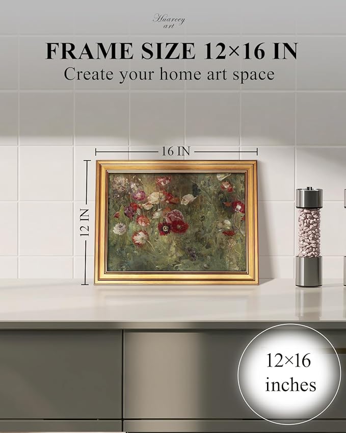 HUARCEY Framed Canvas Wall Art Prints, Bathroom Shelf Vintage Decor Aesthetic, Poppies Floral Paintings Farmhouse Wall Decor, Retro Table Desk Pictures for Bedroom Living Room, 12x16Inch