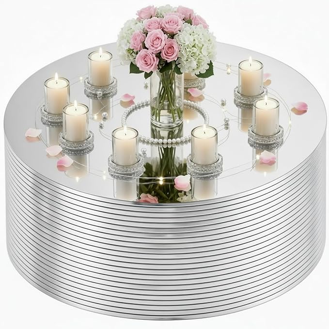 Set of 24 Round Mirrors for Centerpieces, 12 Inch Silvery Acrylic Mirrors Candle Plate Circle Mirror Trays for Wedding Party Home Mirror Centerpieces for Table