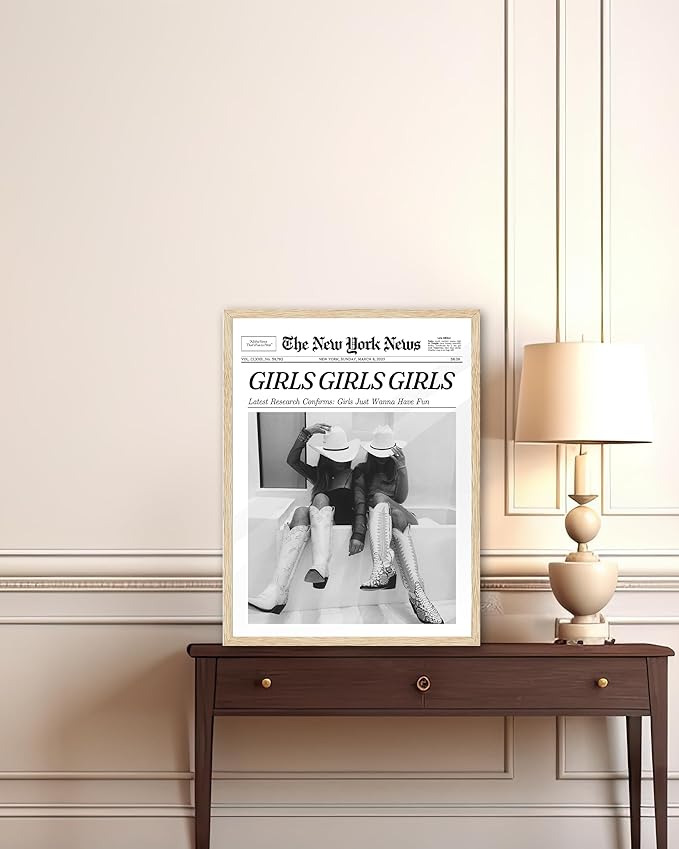 iHery Girls Just Wanna Have Fun Framed Trendy Cowgirl NewsPaper Wall Art, 12x16in Natural OAK Wood Black and White Canvas Wall Decor For Bedroom Dorm Living Room,Vintage Bar Car Home Décor 1Pack