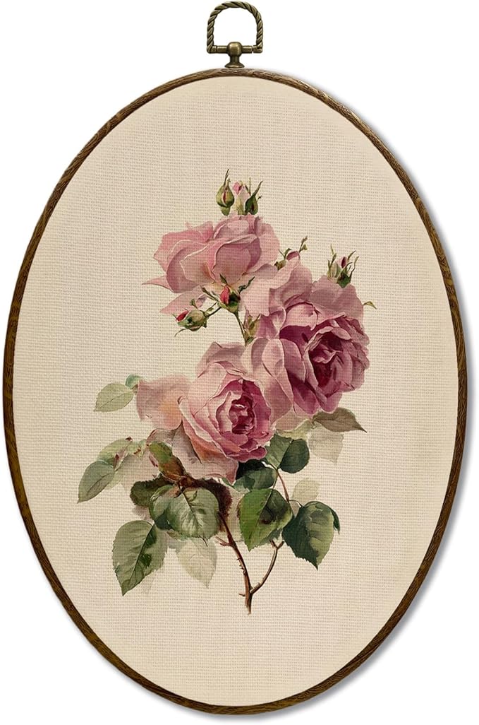 JQF Vintage Antique Pink Rose Oval Wall Art, Spring French Botanical Oval Canvas Wall Art, Rustic Cottagecore Floral Framed Prints Hanging Decor for Home Bedroom Living Room, 8.5x11.5 Inch