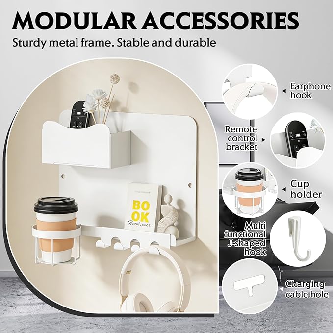 SPOKKI Floating Bedside Wall Shelf Organizer with Remote Control Holder;Metal Adhesive Wall Mount Nightstand Shelf for Bedroom;Dorm Room Essentials;Bed Shelf for Phone,Earphone,Kindle (White)