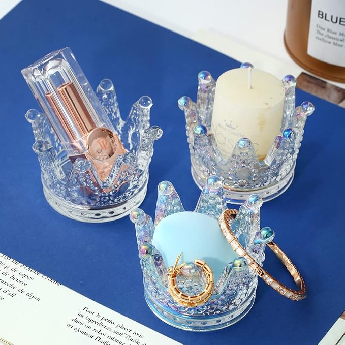 Crystal Glass Candle Holder Set of 2 Crown Shaped Makeup Sponge Beauty Egg Storage Rack Jewelry Watch Nail Art Dappen Dish Wedding Christmas Decor