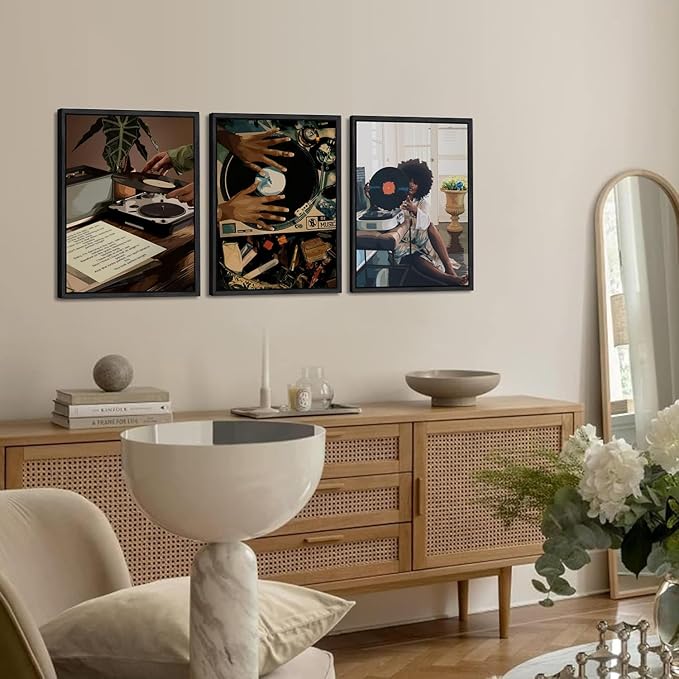 Black Girl Wall Art Decor Modern Black Woman Painting Prints, Set of 3 African American Music Record Player Poster Canvas Artwork for Bedroom Living Room 16x24 inch PS Framed