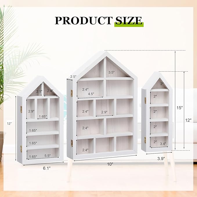DoubleFill Set of 3 Wooden Trinket Display Shelf Shadow Box with Shelves 10 x 15 Inch Large Wall Mounted Display Storage Mini Figures Curio Trinket Medals Crafts Collections(White,House Shape)