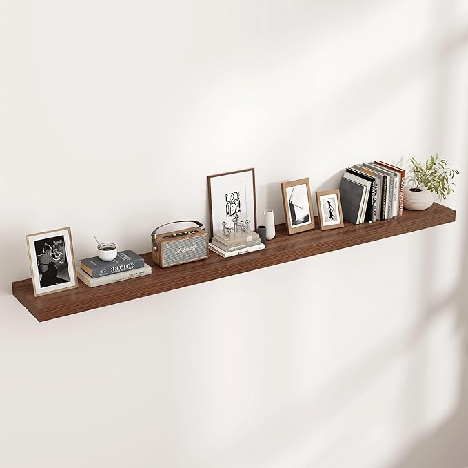 Venusmiles Floating Shelves for Wall, Engineered Wood Wall Shelves with Invisible Brackets for Living Room Bedroom Bathroom Office Kitchen Decor and Storage (Walnut, 72" W x 9" D x 1.5" H) Set of 1