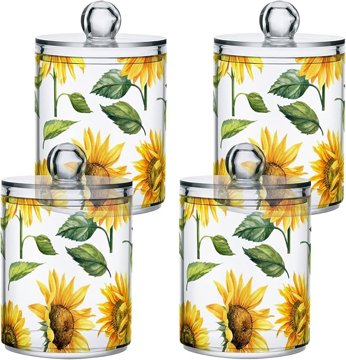 2 Pack Qtip Holder Dispenser for Cotton Ball Yellow Sunflower Cotton Swab Cotton Round Pads Clear Plastic Acrylic Jar Set Bathroom Canister