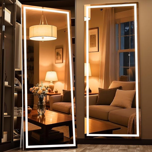 75" x 28" Full Length Mirror with Lights, LED Lighted Floor Standing Body Mirror, Dimmable & 3 Color Lighting for Bedroom, Cloakroom, Dressing Room, Tempered Glass, White Frame