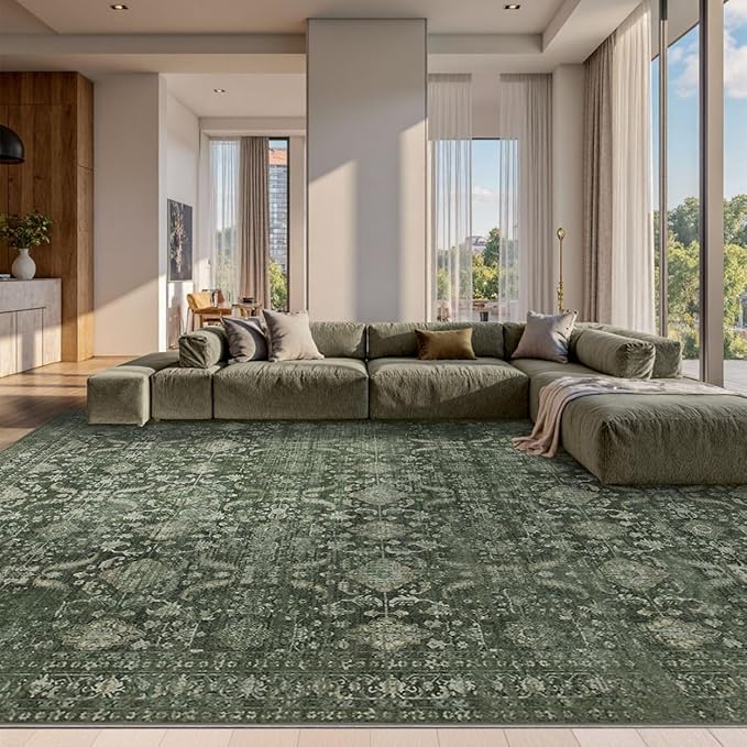 Rugxara 10x14 Area Rugs for Living Room Bedroom, Large Washable Rug, Green Vintage Floral Boho Rug, Non Slip & Low Pile Faux Wool Thin Carpet for Indoor Dining Room and Kids Room(Green 10x14ft)