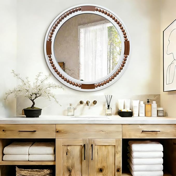HQiJun 32 Inch Round Boho Wall Mirror, Large Rustic Coastal Wall Decor with White Wood Frame and Brown Bead Accents,Farmhouse Decorative Mirror for Entryway, Bedroom, Living Room