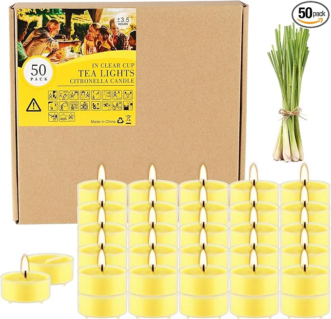 Fclayvts 3.5-Hour 50Pack Citronella Tealight Candles, Outdoor and Indoor Summer Scented Candle,Natural Soy Wax Candle for Home Patio Garden Yard Balcony,BBQ Birthday Emergency.