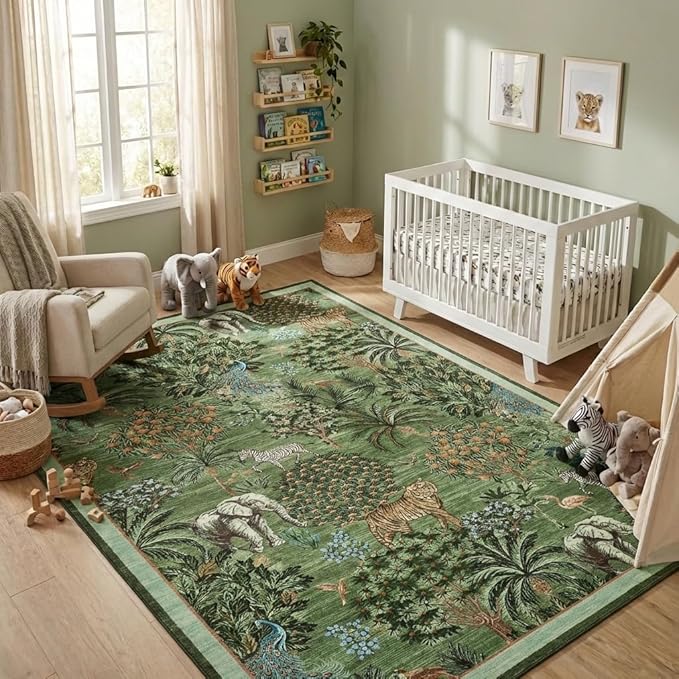 GarveeHome Jungle Animal Print Rug 6x9 Washable Area Rugs for Living Room, Forest Rug Non Slip Low Pile Stain Resistance Large Throw Carpet for Bedroom Dining Room Kids Playroom Nursery, Forest Green