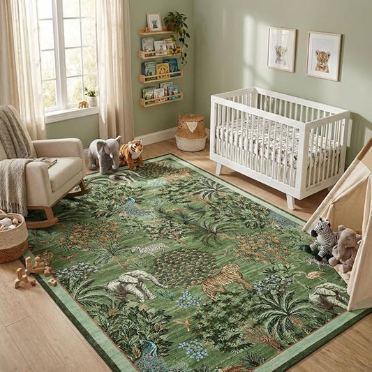 GarveeHome Jungle Animal Print Rug 6x9 Washable Area Rugs for Living Room, Forest Rug Non Slip Low Pile Stain Resistance Large Throw Carpet for Bedroom Dining Room Kids Playroom Nursery, Forest Green
