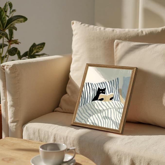 Fantasy Artists Reading Black Cat on Bed Wood Framed Wall Art, Easy to Hang Fade Resistant Art Prints, Perfect for Bedroom Living Room Bathroom Home Office Wall Decor, 8x10 Inches