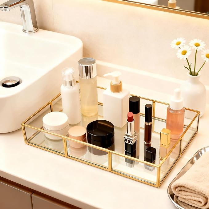 Gold Mirror Tray - Metal Decorative Perfume Organizer - Makeup Vanity Tray for Dresser，Jewelry,Bathroom, Bedroom