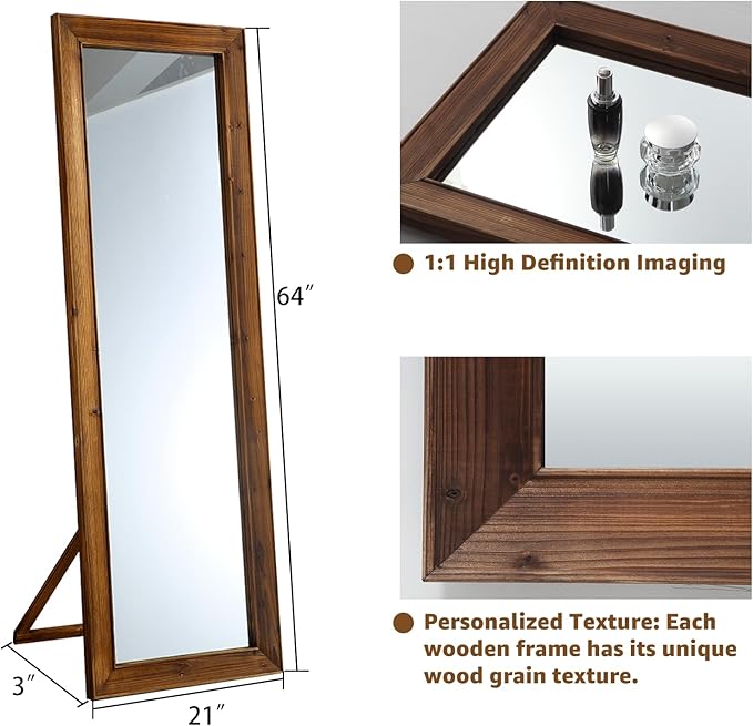 MELOMOIR Rustic Farmhouse Full Length Mirror, 64"x21" Wood Frame Floor Mirror, Free Standing Mirror Leaning Hanging Mirror, Long Mirror for Bedroom Living Room Cloakroom, Wood