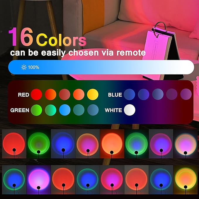 Floor Sunset Lamp Projector, 16 Colors Multicolor USB LED Night Light, 180 Degree Rotation Rainbow Lights for Bedroom, Photography, Party, TIK Tok Live, Christmas Light
