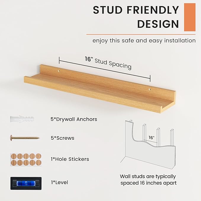 FLYJOE Picture Ledge Shelf, Floating Shelves Set of 2, 24 Inches Nursery Book Shelves for Toys Storage, Kids Bookshelf Wall Mounted for Living Room Bedroom Decor Books Photo Frames, Natural Oak
