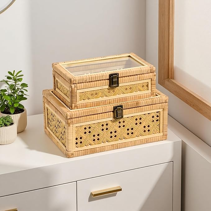 Decorative Rattan Box with Clear Glass Lid Wooden Frame Handmade Boho Natural Wicker Basket Woven Cane Bin Keepsake Memory Jewelry Organizer Rectangular Desk Shelf Closet Container (Large)
