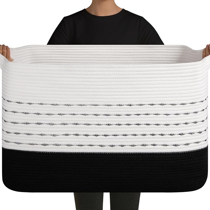 OIAHOMY 108L Extra Large Blanket Basket, 25”x16”x16” Rectangle Woven Cotton Rope Baskets for for Living Room, Toy Storage with Handle- Gradient Black