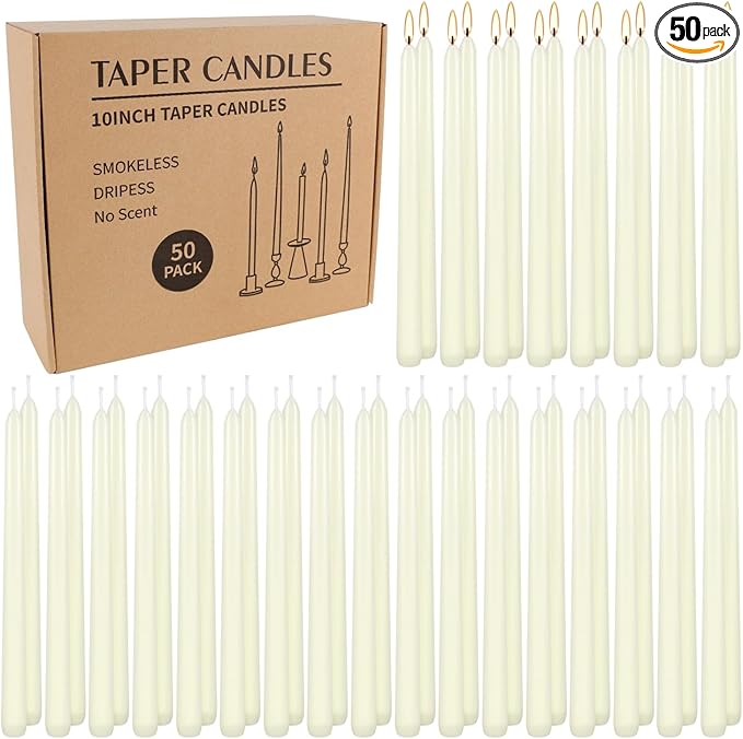 WPONSZU 50 Pack Ivory Taper Candles, 7-8 Hours Burn Time, Unscented, Smokeless and Dripless, 4/5 x 10 Inch for Christmas,Household,Dinner,Wedding,Valentine's Day,Party and Home Décor Candlesticks