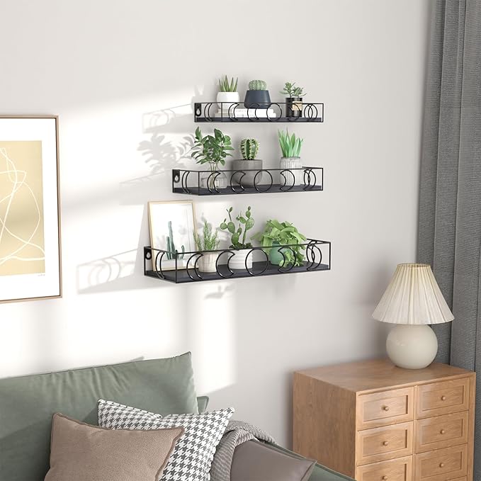 PHAREGE Moon Phase Floating Shelves Black, Set of 3 Small Decorative Wall Shelves for Book Plant Storage, Crystal Figurine Collectibles Display Shelf for Bedroom Kid Room