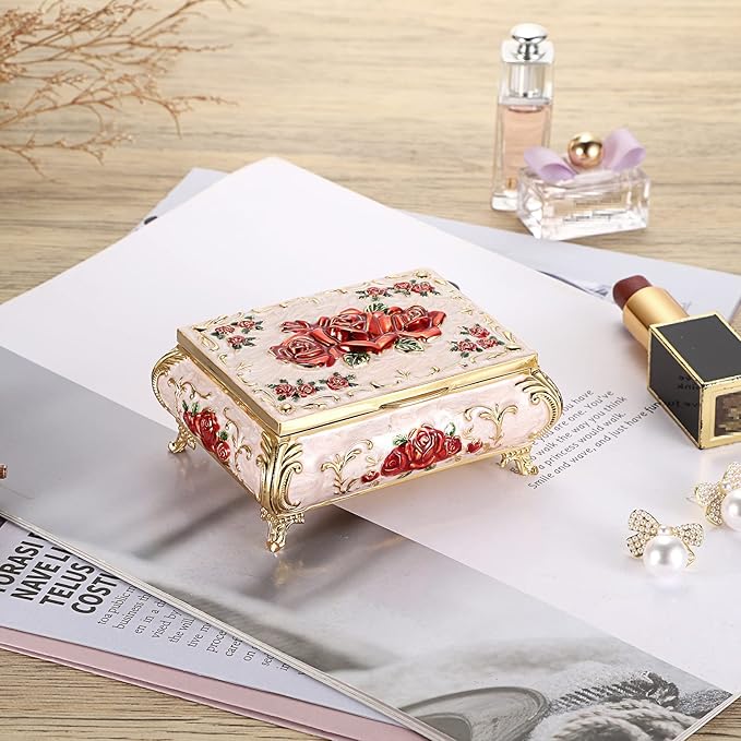 Hipiwe Vintage Metal Jewelry Box Small Treasure Chest Case Trinket Organizer Earrings Necklace Bracelet Storage Box Ring Box Holder Keepsake Box for Women