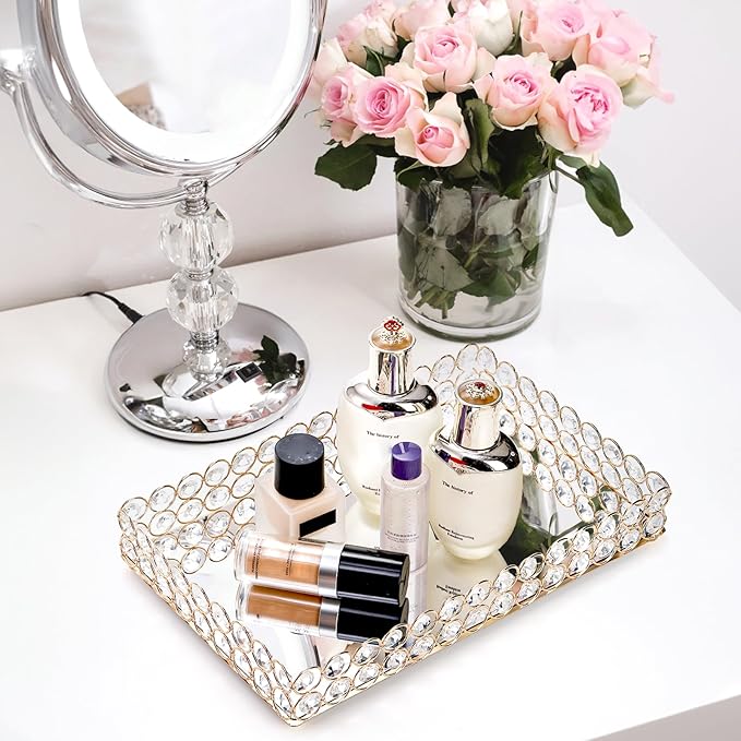 Hedume Crystal Vanity Tray, 12.3" x 8" Mirrored Cosmetic Makeup Tray, Large Jewelry Trinket Organizer Tray, Ornate Decorative Tray for Dresser Countertop Wedding Home Bathroom