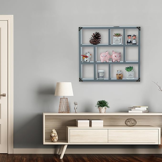 17.7x15.7-Inch Shadow Box Shelf 9-Slot Rustic Floating Shelves Larger Wall Mounted Shelf Lightweight Solid Wood Display Shelf Freestanding Farmhouse Shelf (9C-Dark Gray)