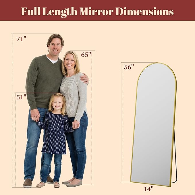 Suidia 56"x15" Arched Full Length Mirror with Stand, Full Body Mirror with Aluminum Frame, Freestanding/Leaning/Wall-Mounted, Floor Mirrors for Bedroom, Living Room, Entryway, Dressing Room, Gold