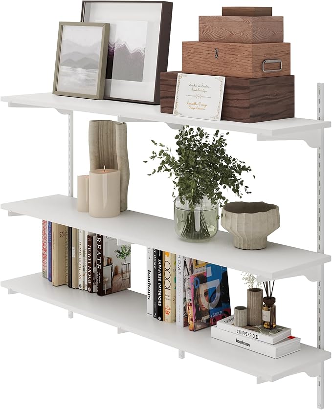 Wallniture Turin 3 pcs 48 inch Long, 10 inch Deep Bookshelf, Height Adjustable Brackets, Ladder Shelf Style Wall Mounting Shelves, 3 Tier, White