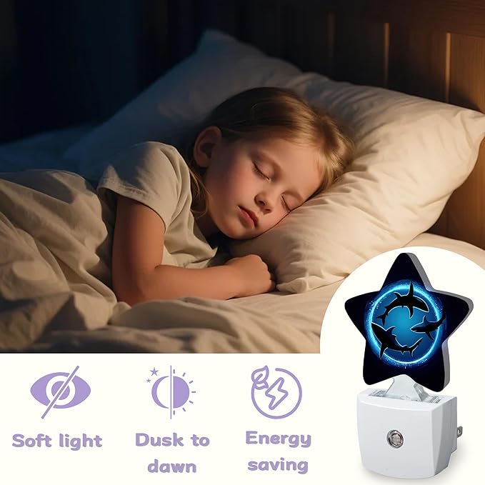 Shark Decorative Nightlight Plug in Wall,Blue Ocean Sea Star Shaped Night Light with Built in Sensor for Home Decor,Kitchen Hallway Stairs Desk Lamp