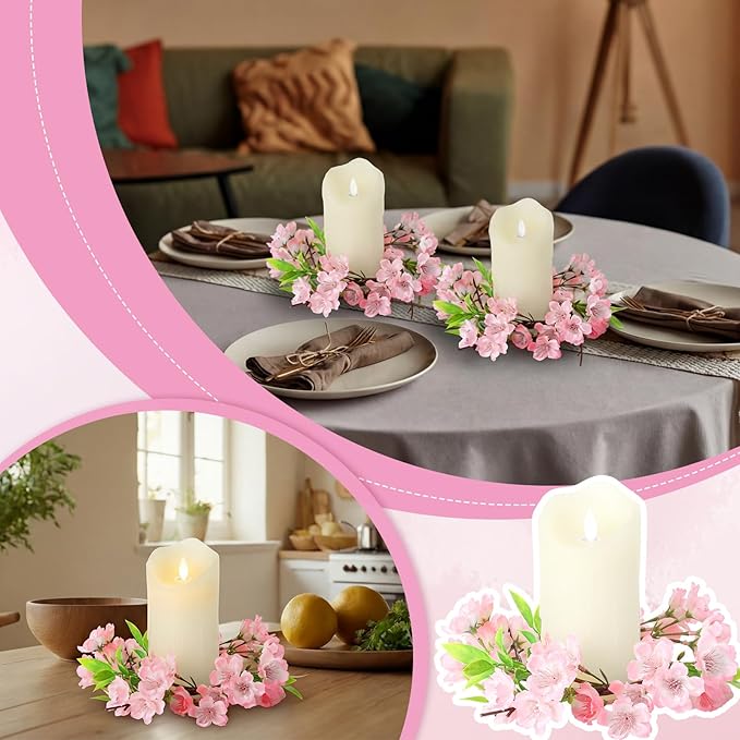 Daifunli 2 Pcs Spring Cherry Blossom Candle Ring Artificial Cherry Blossom Wreaths for Pillar 3.9 Inch Candles Holder for Spring Country Wedding Kitchen Rustic Table Centerpiece Decor