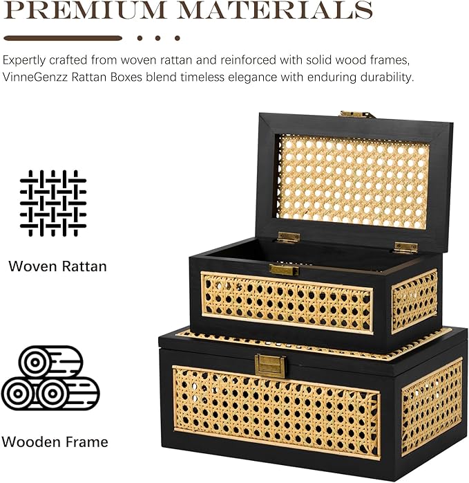 Rattan Storage Boxes Decorative Handmade Natural Wood Baskets with Lid Wooden Frame Boho Rustic Wicker Box Stacking Woven Cane Bins Shelf Closet Desk Organizer Container (Black, Large)