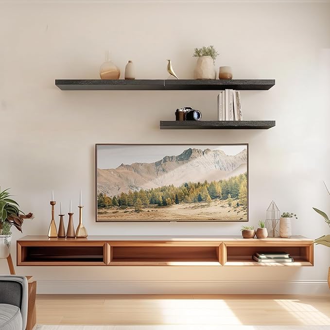 AMADA HOMEFURNISHING Floating Shelves Wall Mounted, 24 x 7 Inch Wall Shelves for Bathroom, Bedroom, Living Room, Black Shelves Set of 2 | Wall Shelves, for Bathroom, Bedroom, Living Room, Shelves