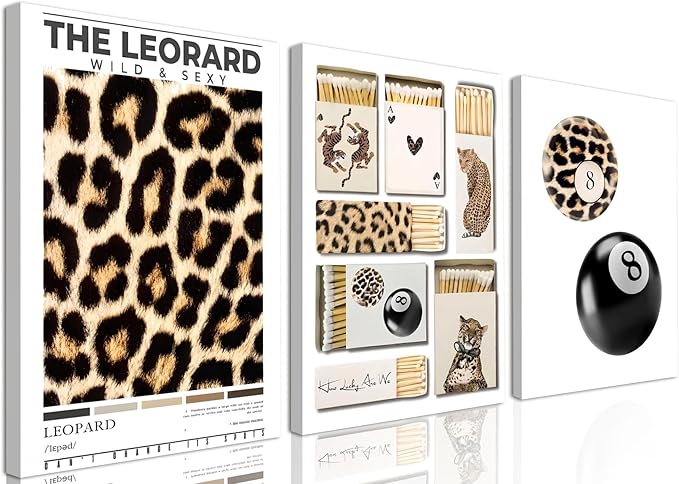 Framed Trendy Leopard Canvas Wall Art Set of 3, Preppy Cheetah Lucky 8 Ball Pictures Wall Decor Prints, Funky Y2K Paintings Girly Aesthetic Home Decor for Living Room Bedroom Dorm 12x16 inch