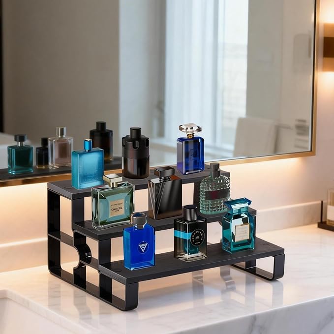 Wood Perfume Organizer for Dresser,3 Tier Black Cologne Stand,Cologne Organizer for Men,Wooden Display Risers Stand for Bathroom,Makeup,Cupcake,Bedroom Decor(Black,Width=11.2")