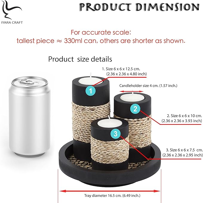 IYARA CRAFT Tealight Candle Holders with Tray – Set of 3 Rustic Black Wooden Candle Holders with Natural Rope Accent, Cozy Centerpiece for Romantic Dinner Table Decor, Anniversary & Housewarming Gifts