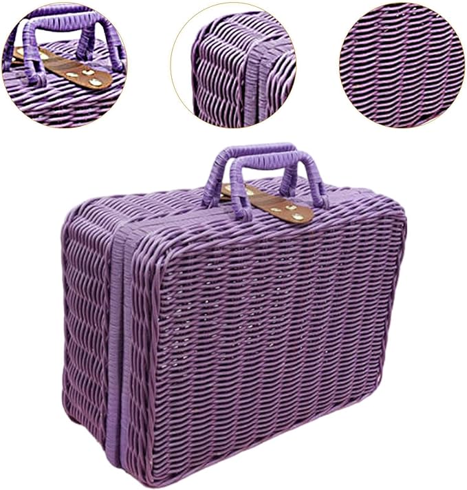 Woven Suitcase Imitation Rattan Storage Basket Portable Photo Prop Makeup Case Picnic Basket for Tabletop Bathroom Household, Violet L