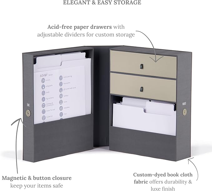 Savor Wedding Gifts Keepsake Box - Ideal Wedding Gifts for Newlyweds - Memory Storage with 52 Hand-Illustrated Labels & 10 File Folders - Elegant & Durable Design, Slate, No Customization