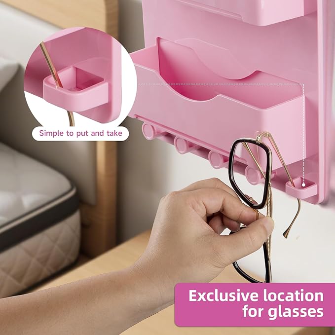 JUMEIHUI Pink Bedside Shelf Organizer - Wall Mount Phone Holder with Glasses Hook & 50 Motivational Stickers for Girls Bedroom Dorm Decor