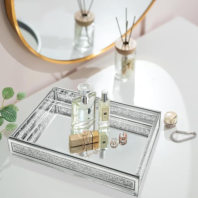 Kanpura Crush Diamond Mirror Perfume Tray, Silver Glass Mirror Trays for Vanity, Jewelry Organizer, Decorative Serving Tray for Christmas Coffee Table Decor(11.5”x7.5”x2”)
