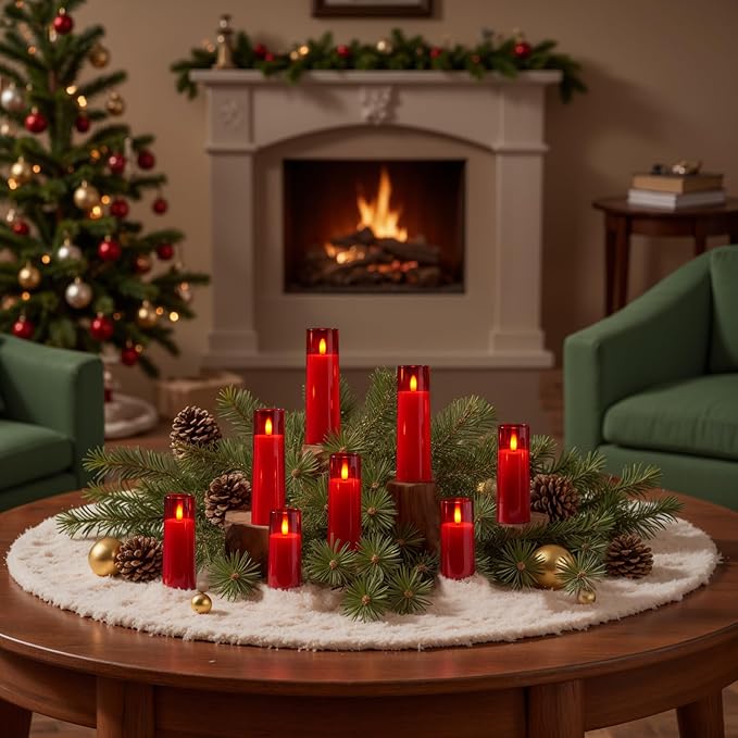 Homemory Decorative Flameless Candles, Battery Operated Candles with Remote & Timer, Flickering Led Pillar Candles, Plexiglass, Red, Pack of 9, D2.2 xH 5" 6" 7"