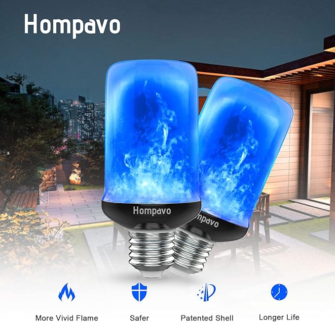 Hompavo 【Upgraded】 LED Flame Light Bulbs, 4 Modes Flickering Light Bulbs with Upside Down Effect, E26 Flame Bulb for Halloween Christmas Party Patio Porch Home Indoor Outdoor Decorations - 2 Blue